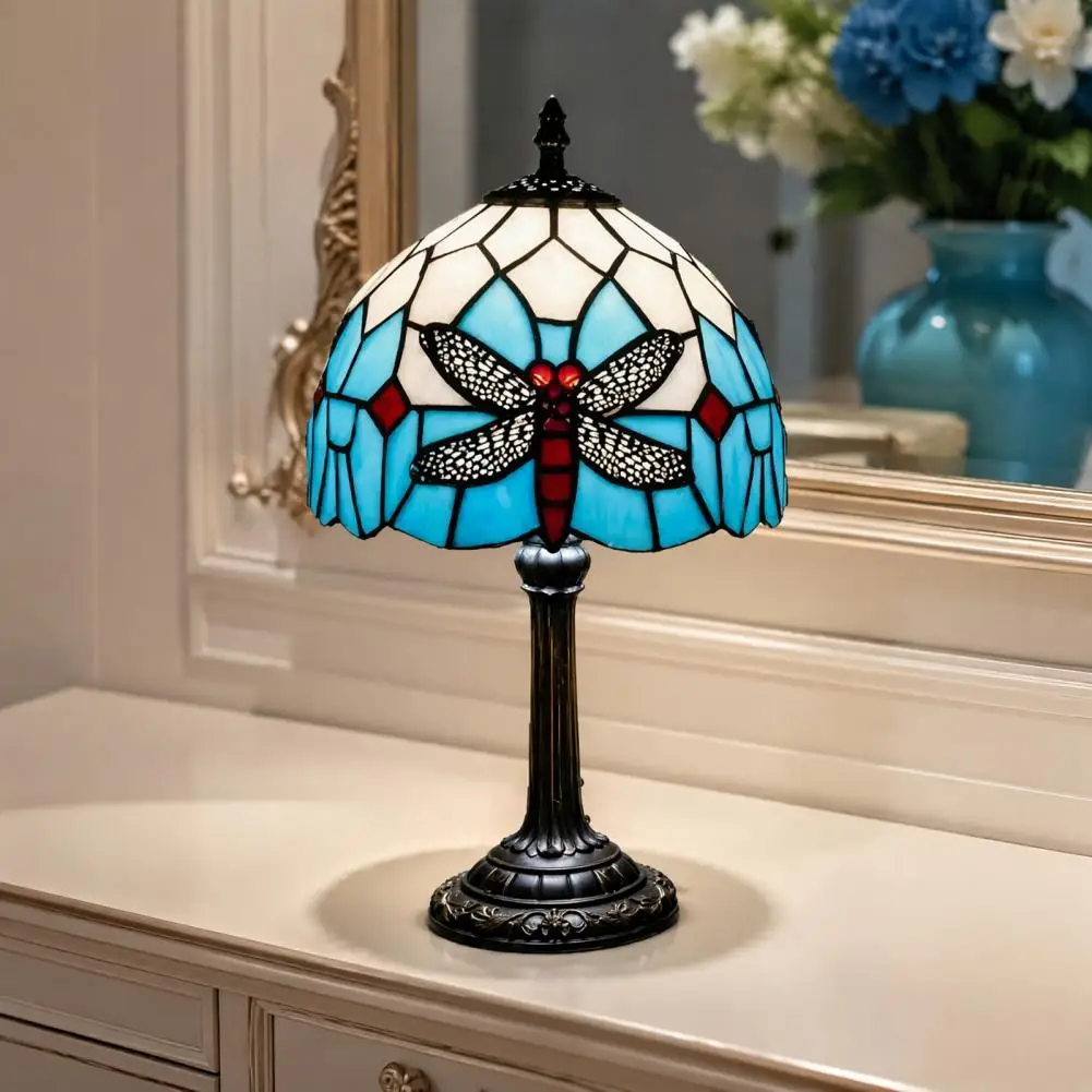 Dragonfly Stained Glass Table Lamp Vintage Blue Dragonfly Bedside Night Light for Bedroom Living Room Bar Cafe Home Decor