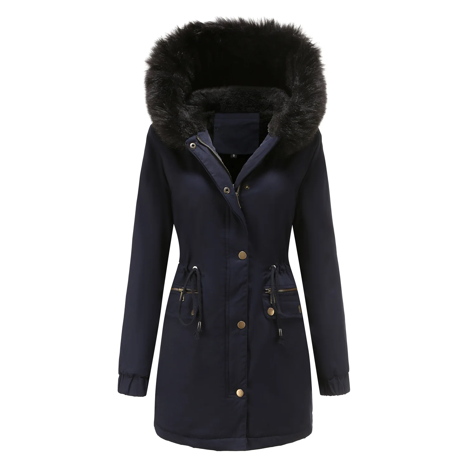 Women Long Parka Fur Collar Wool Liner Hooded Plus Velvet Thick Slim Cotton Warm Snow Wear Padded Clothes