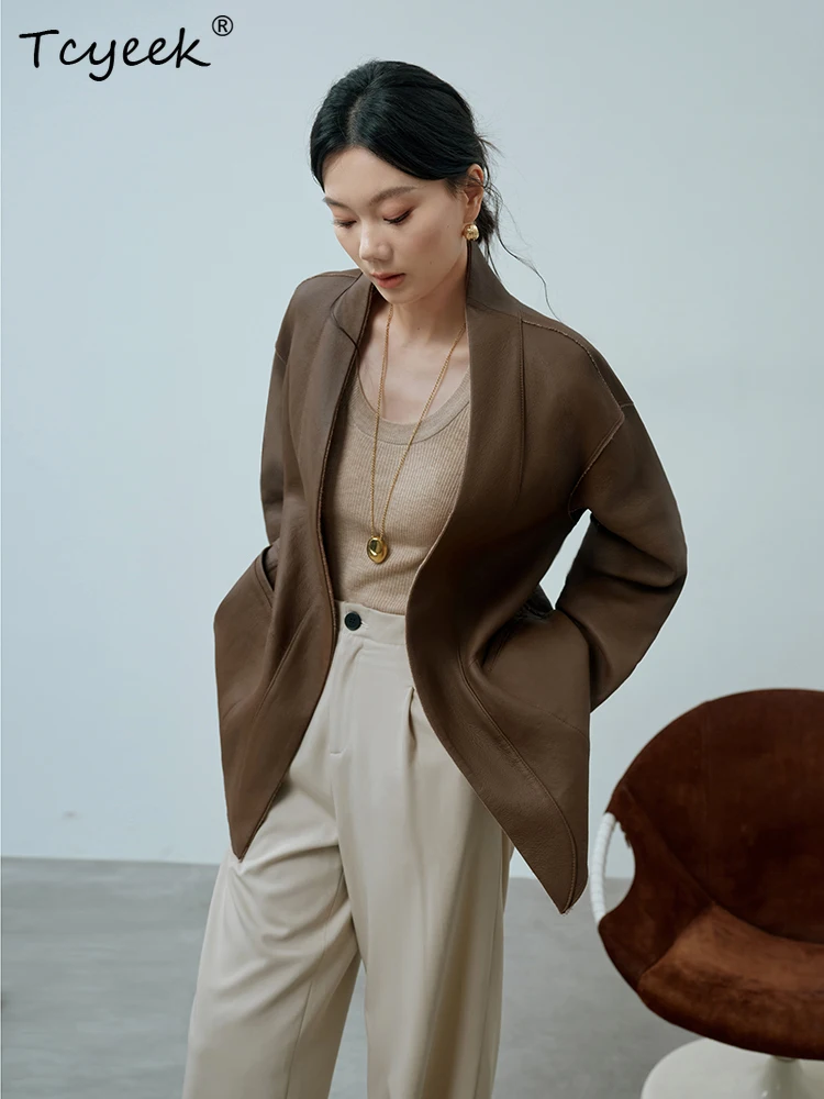 Tcyeek peau de mouton printemps automne haut de gamme rétro Double face col en v couleur café femmes veste en cuir véritable Jaqueta Couro