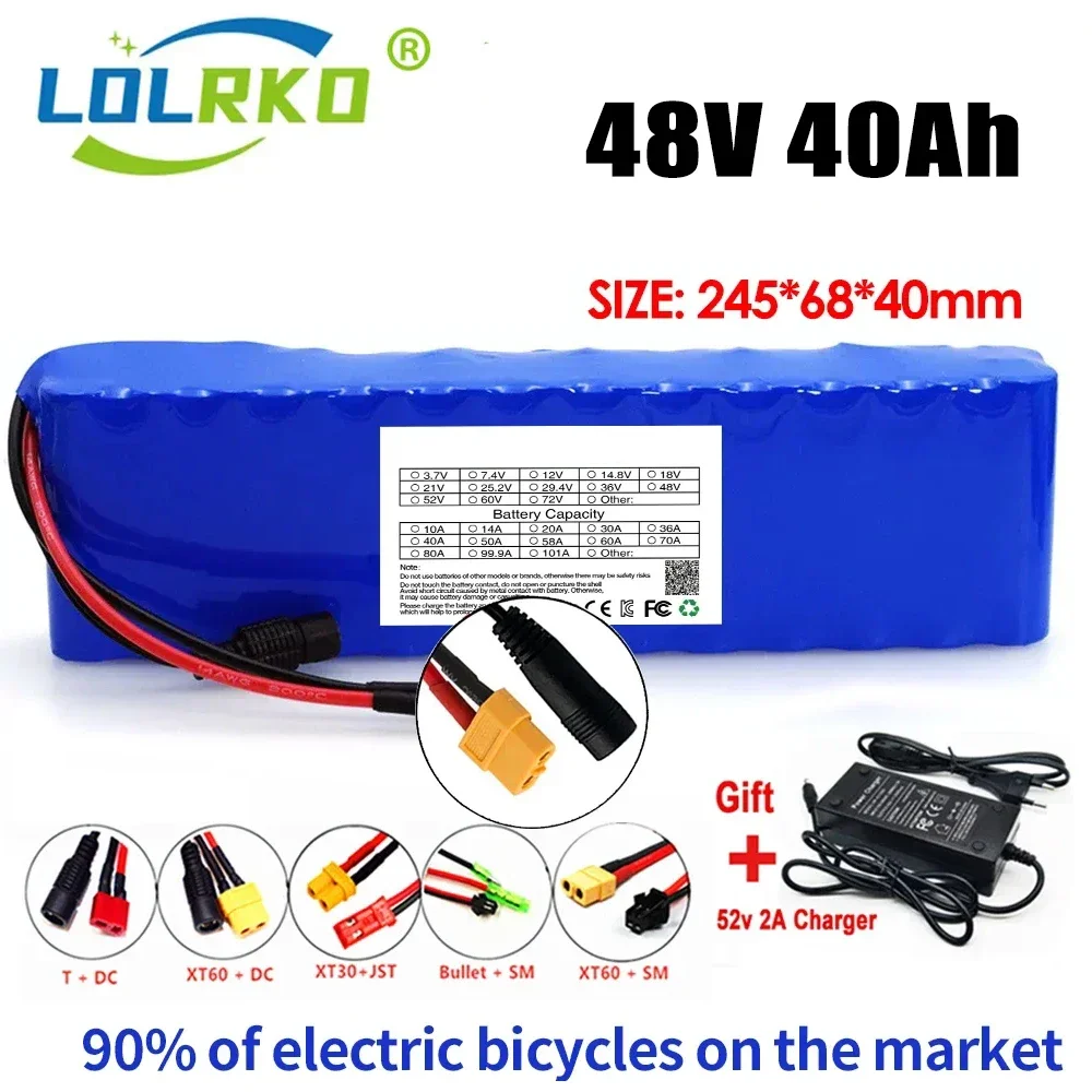 

New electric scooter Battery 48V 40Ah 1000w 13S2P XT60 Lithium ion Battery Pack 60000mah ForElectric bicycle with BMS+charger