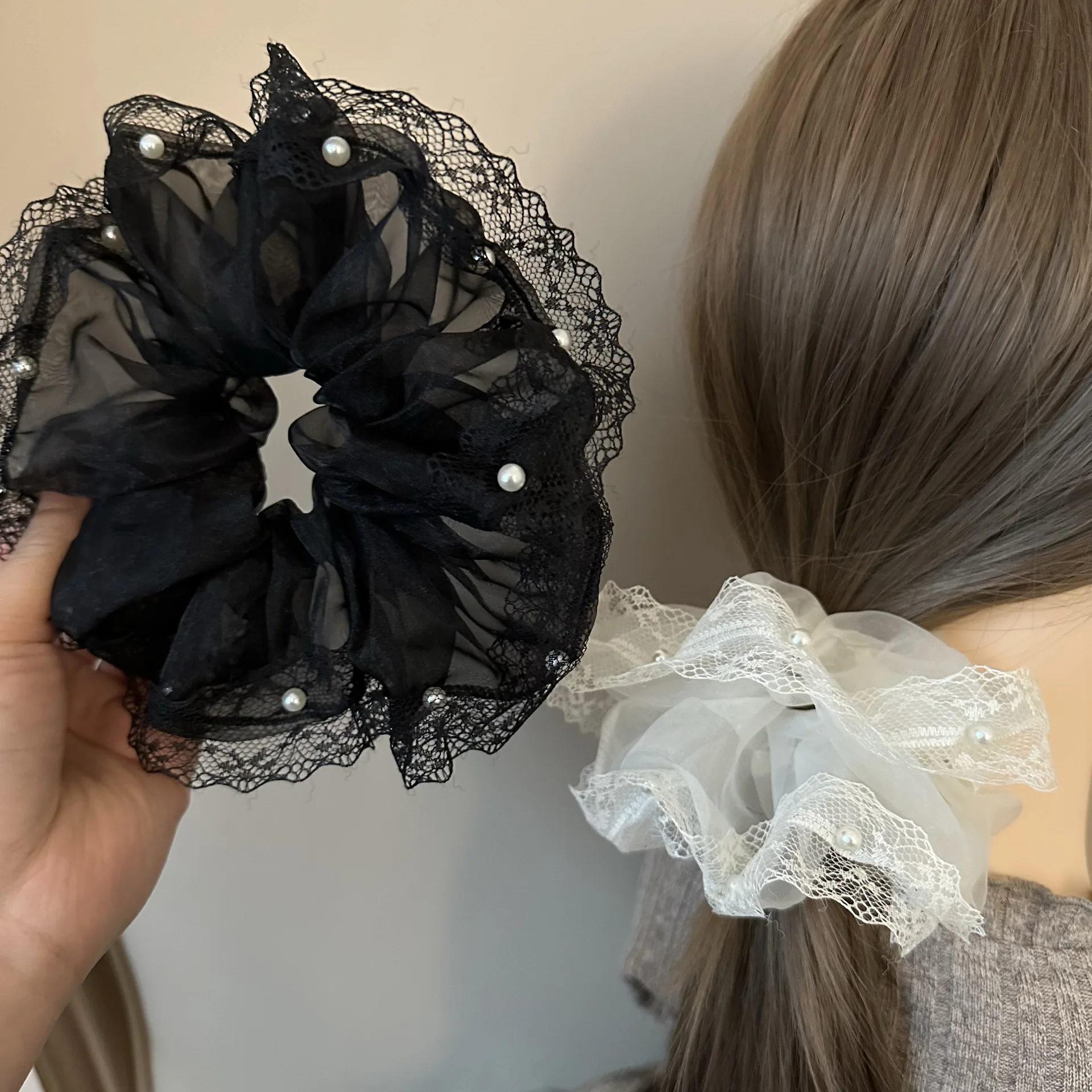 

Black White Lace Pearl Scrunchie for Women Ethereal Elegant Premium Hair Tie Soft Non Slip Strong Elastic Daily Use