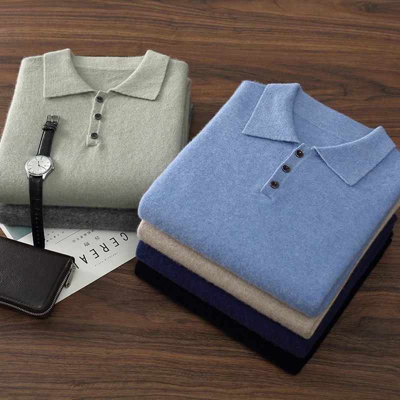 Men's 100% Pure Cashmere Autumn Winter High-End Polo Sweatshirt Comfortable Soft Warm Knittedwear for Casual Elegant Style