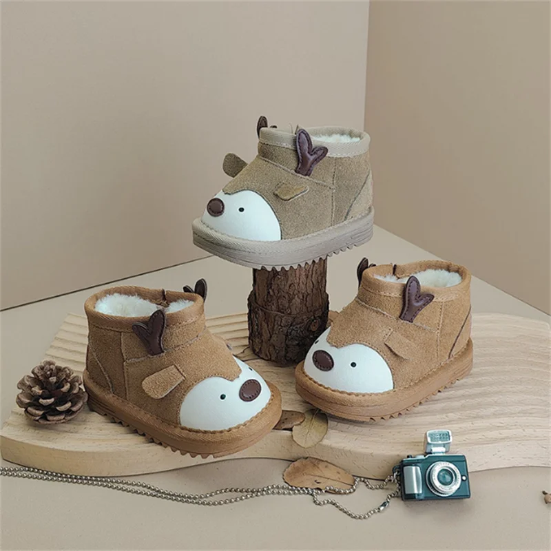 2024 New Winter Baby Shoes Leather Warm Plush Animal Cartoon Shoes Non-slip Rubber Sole Fashion Toddler Girls Boys Boots 15-25