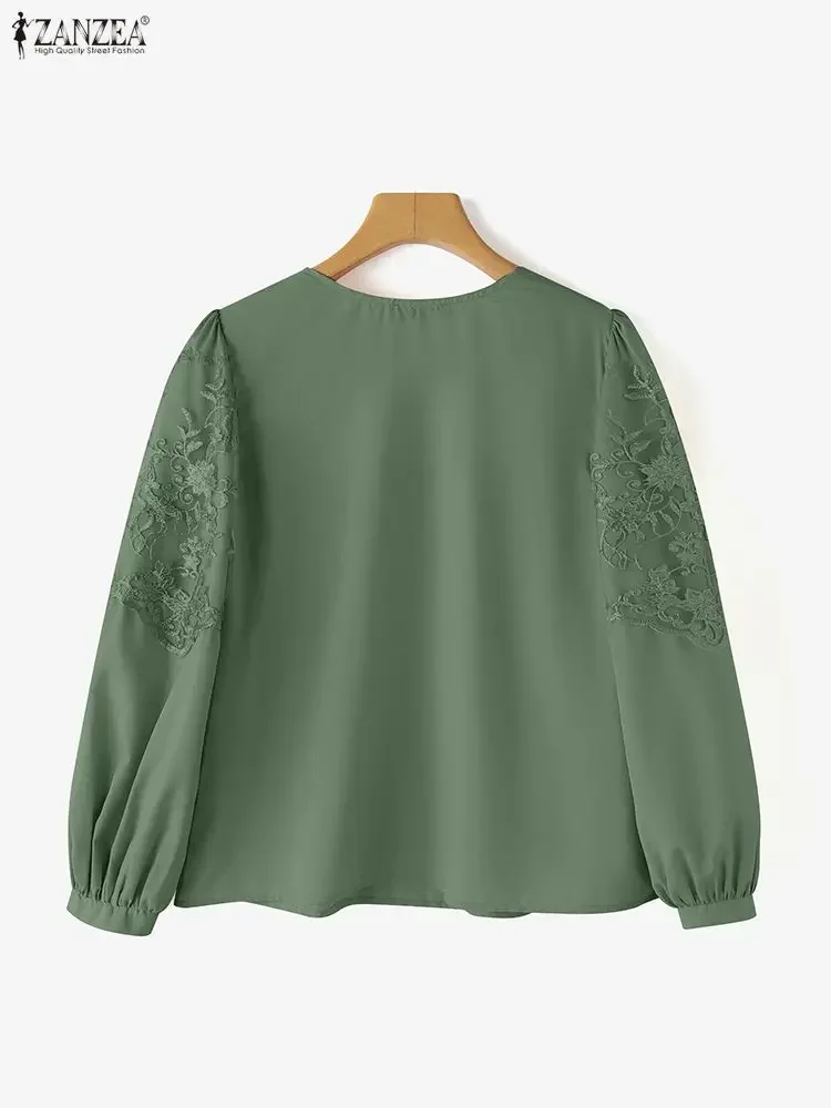 

ZANZEA 2022, элегантная женская кружевная блузка, осенняя лоскутная повседневная рубашка, модная туника с рюшами и длинным рукавом, винтажная Blusas Femininas