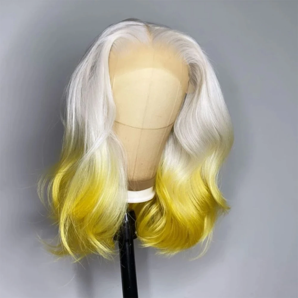 WIF Yellow Colored Short Bob Wavy Synthetic Lace Wig Ombre Yellow Bob Fiber Hair Body Wave Lace Frontal Wigs Makeup Cosplay Use