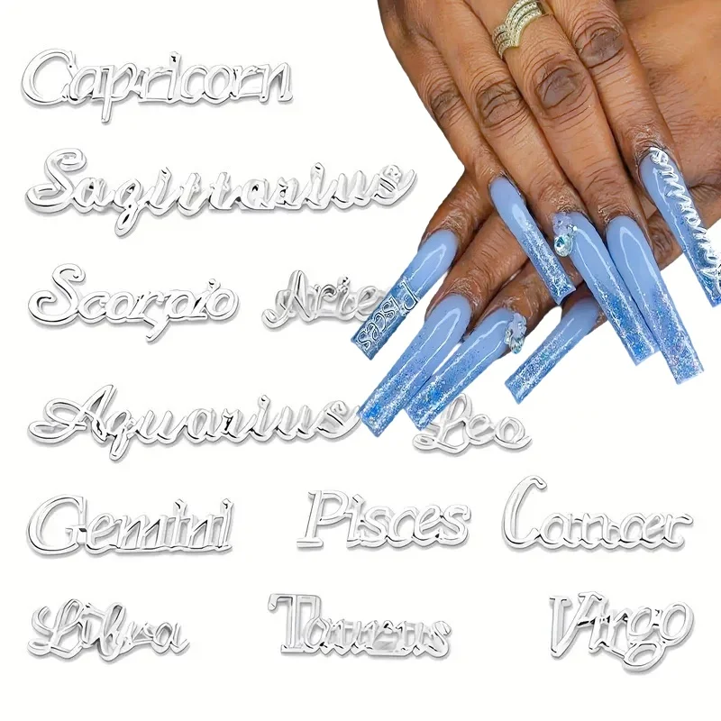 12 Uds. De letras de constelación de oro, plata y rosa, diseño de uñas, dijes de uñas del zodiaco 3D, signo de Virgo, Leo, Tauro, Géminis, capricornio, decoración de uñas