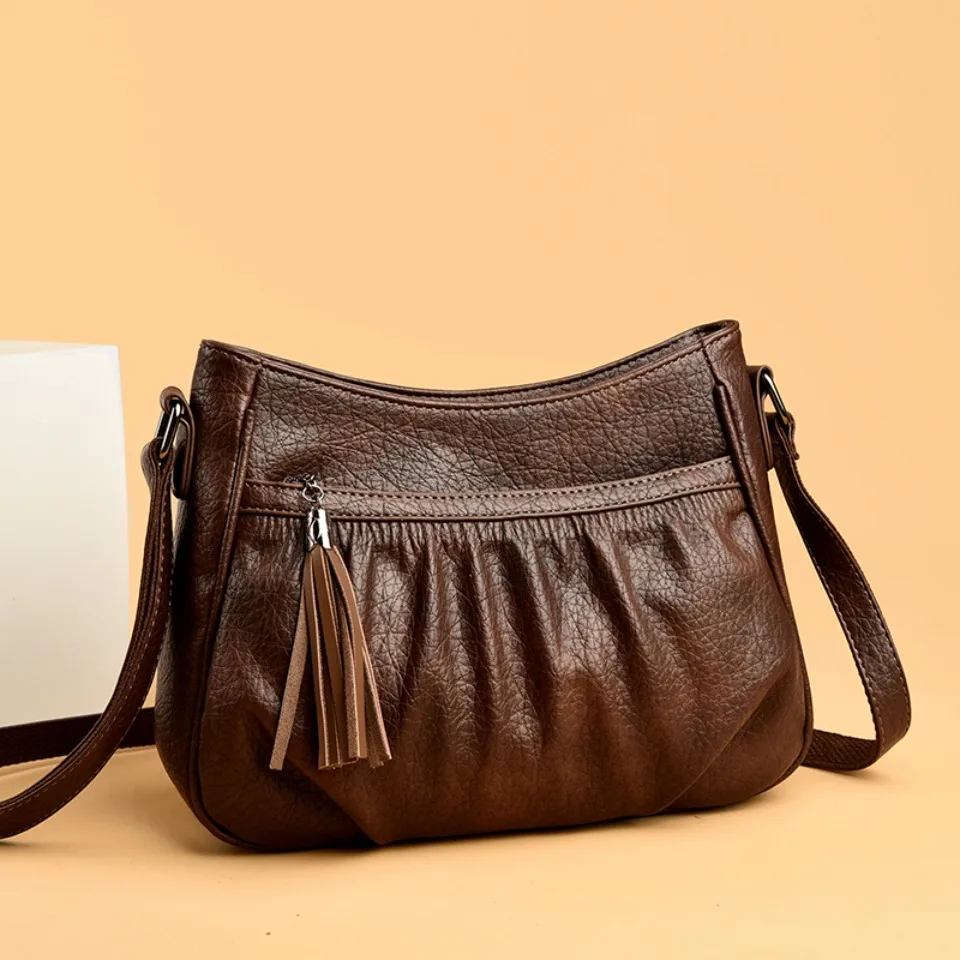 Vintage Ruched Soft PU Leather Crossbody Bag for Women 2026 New Luxury Shoulder Bag Large Capacity Daily Messenger Handbag Purse