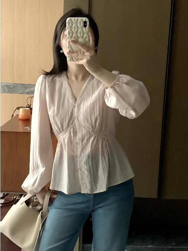 

Spring New Pink Lace Trim Waist Cinching Shirt French Style Fit Lace Long Sleeve V-neck Pure Color Women's Shirt Dark Pink