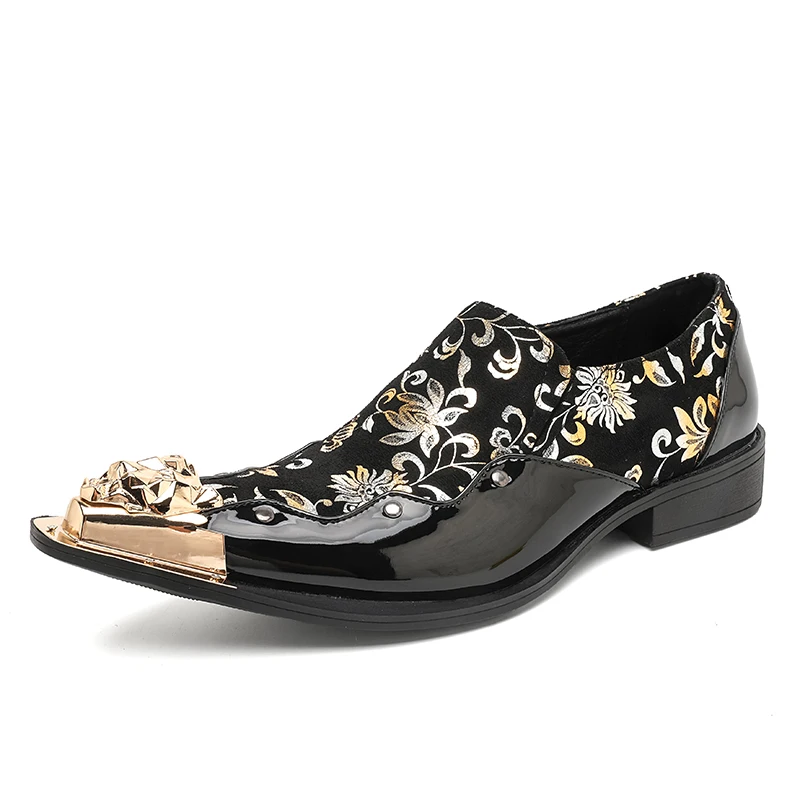 Men's Shiny Golden Metal Cap Toe Loafers Golden Flower Print Shoes Handmade Luxury Shoes Embroidery Craft Casual Dress Shoes
