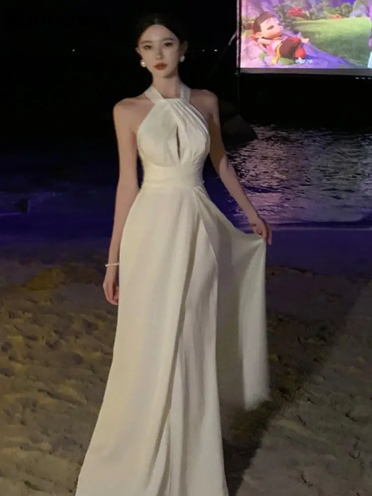 Elegant Sexy Backless Solid Long Dresses EveningBirthday Party Halter Designer White Dress Summer Women Fashion Wedding Vestidos