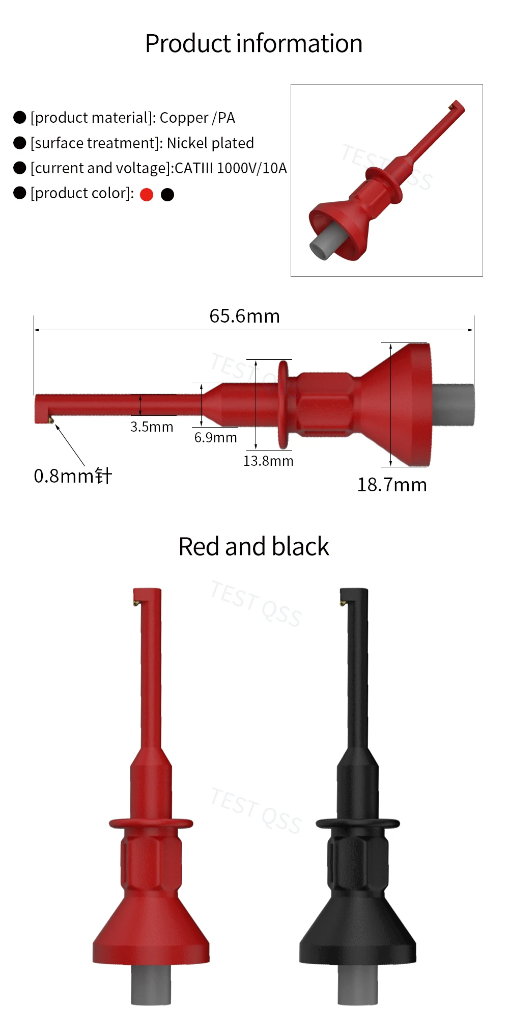 QSS 2 Stück 2 mm/4 mm Testhakenclip Rot Schwarz Elektrische Prüfung für die Kfz-Reparatur – Detail 1