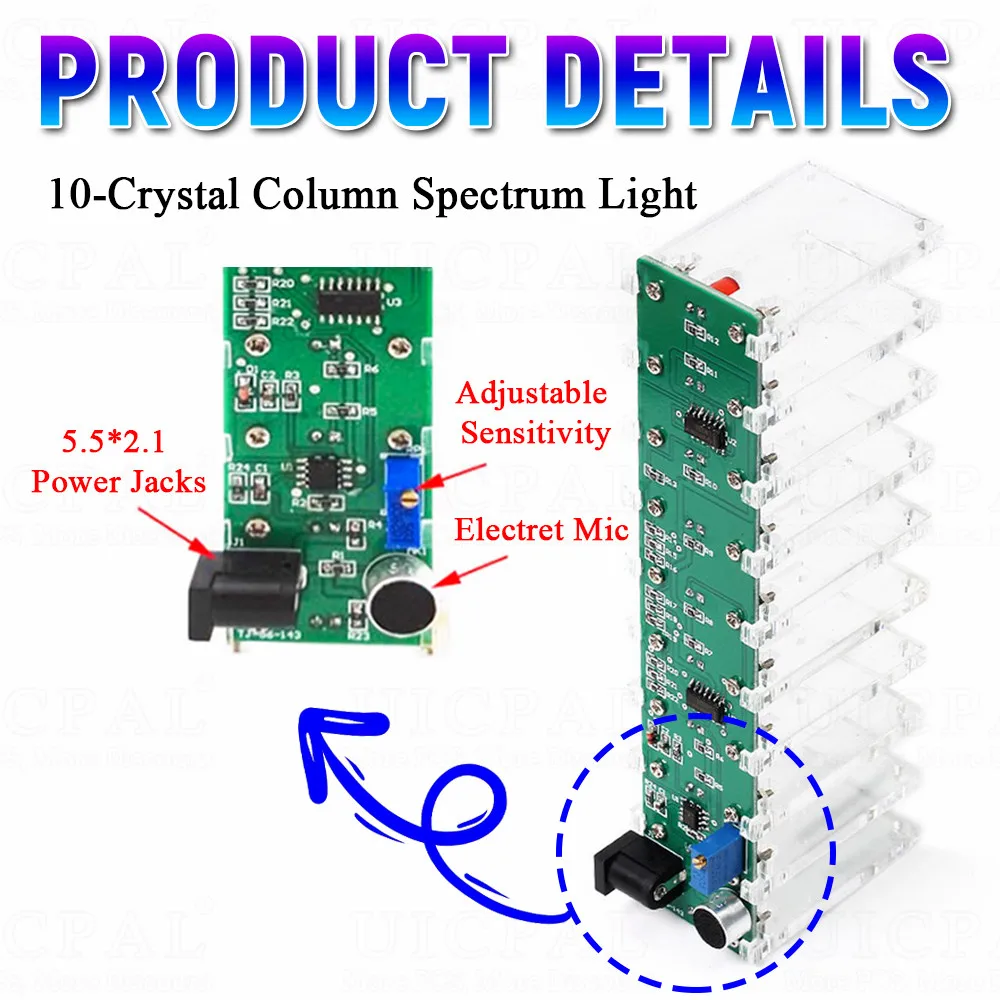 DIY Sound Control LED Music Spectrum Electronic Kit Crystal Column Audio Display PCB Soldering Practice Kit DC5-12V LM339 LM358