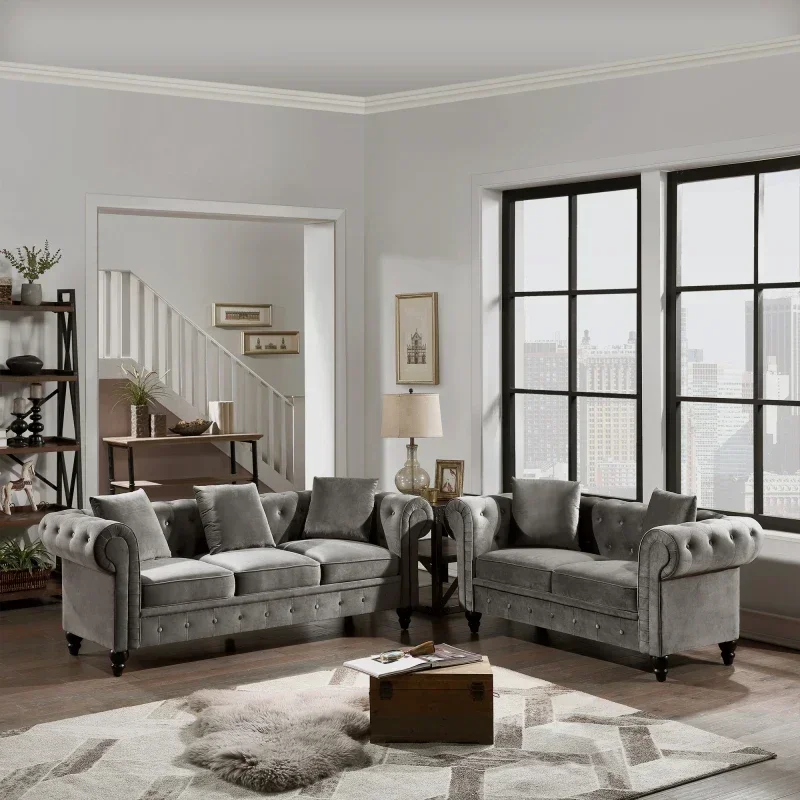 Retro Modern Sofa Set Button Tufted Velvet Upholstered Back Loveseat & 3 Seat Sofa Roll Arm Classic,Living Room Sofa