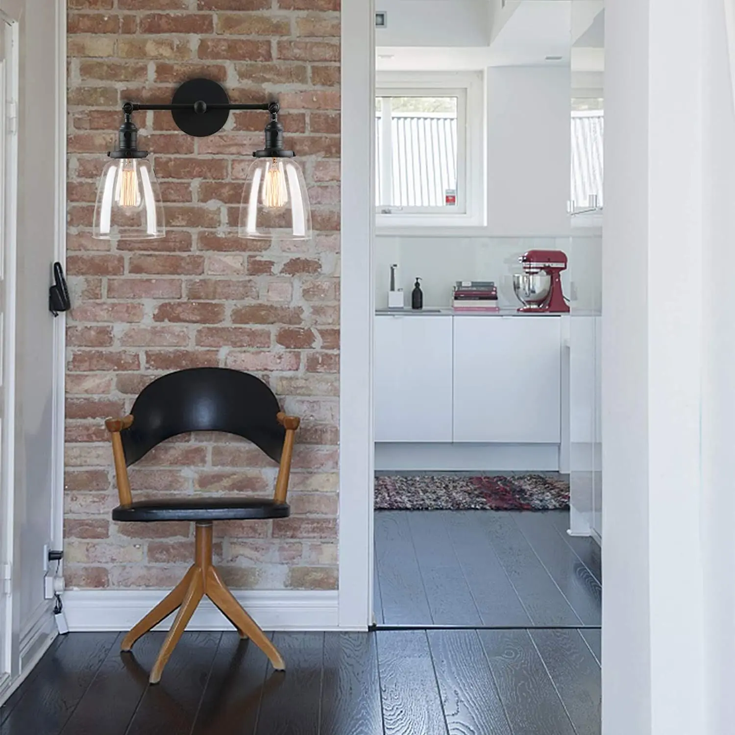 Luminária de parede industrial estilo vintage Permo com 2 luzes e sombra de vidro transparente de cone oval de 5,6 polegadas