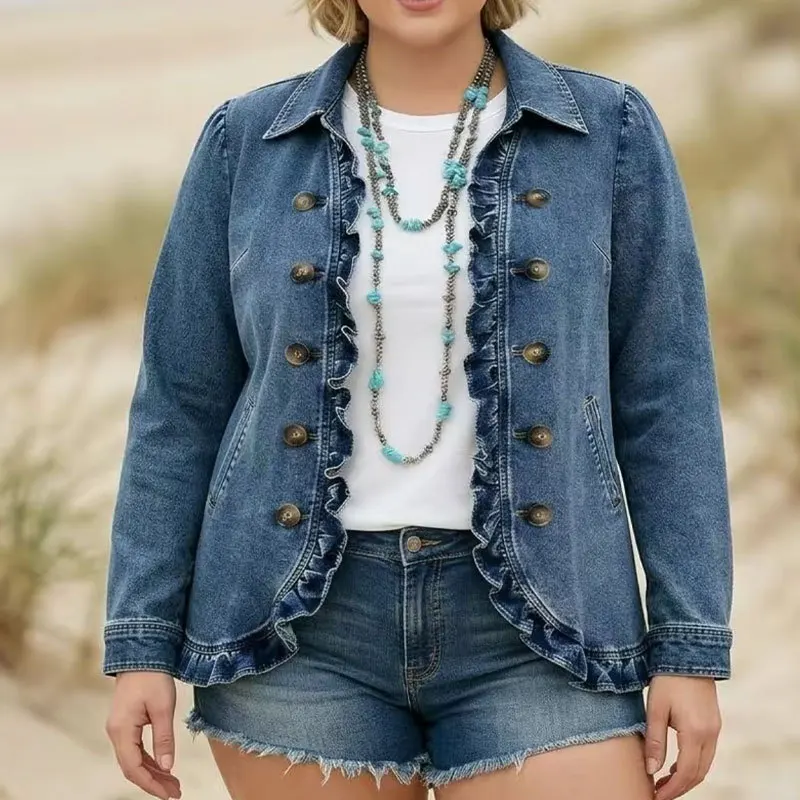 Denim Coat Women Ruffles Turn Down Collar Work Jackets Double Breasted Open Front Full Sleeve Vintage Washed Y2k Streetwear 2026