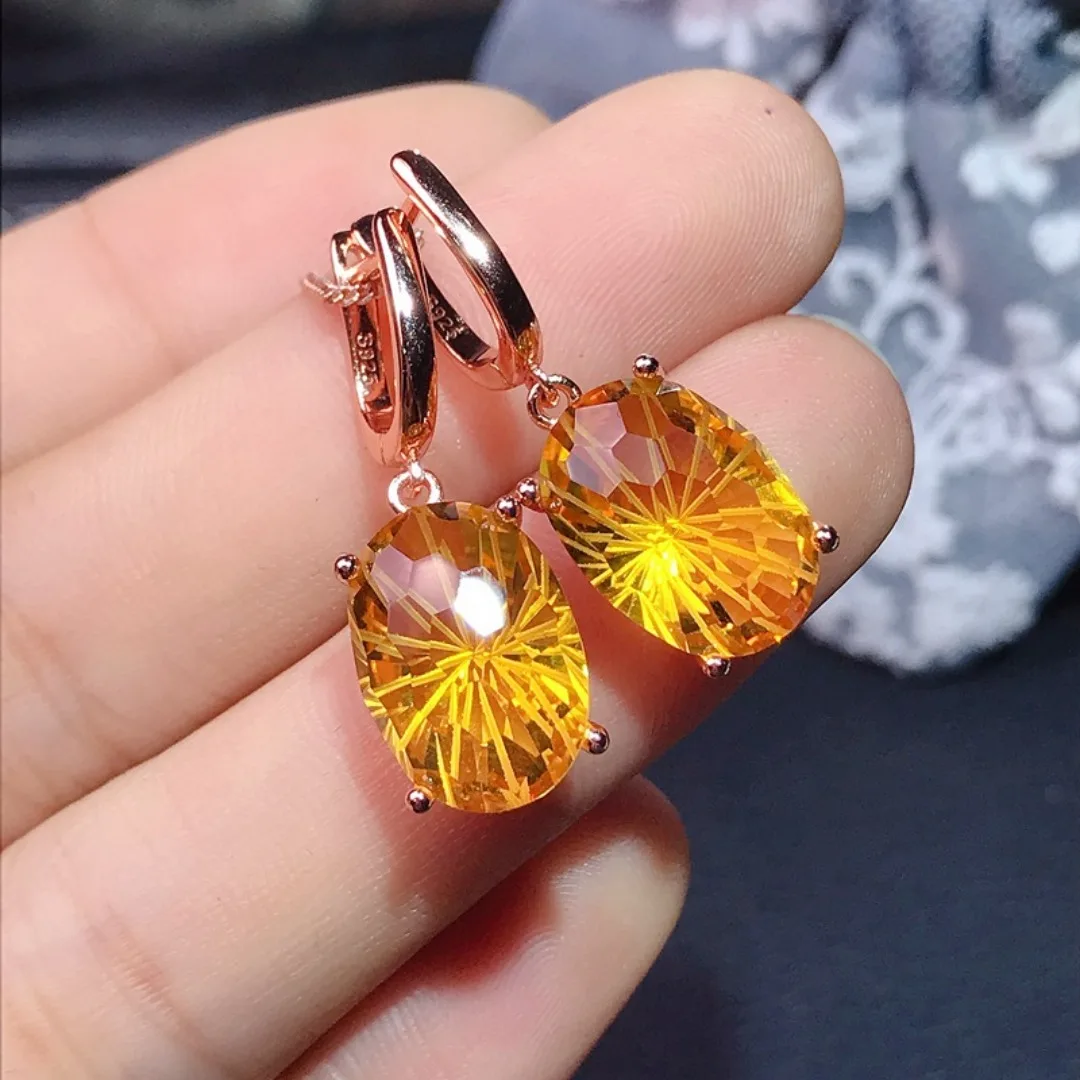 Natural Brazil Citrine Gemstone Simple Drop Earrings Real 925 Silver Fashion Earrings Fine Charm Jewelry for Women