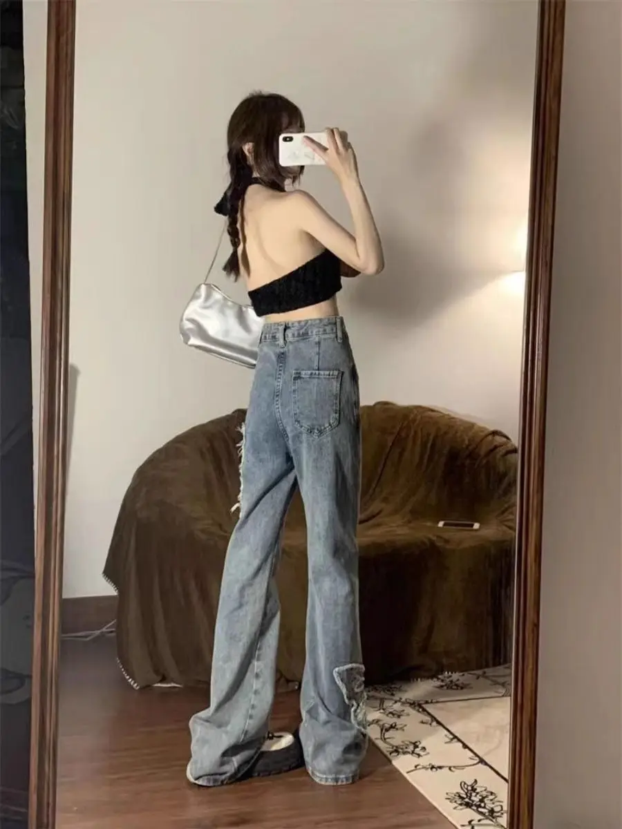 Butterfly Embroidered Flared Jeans Women Retro High Waist Straight Wide-Leg Pants Street Clothing Korean Version Of Full Pants.