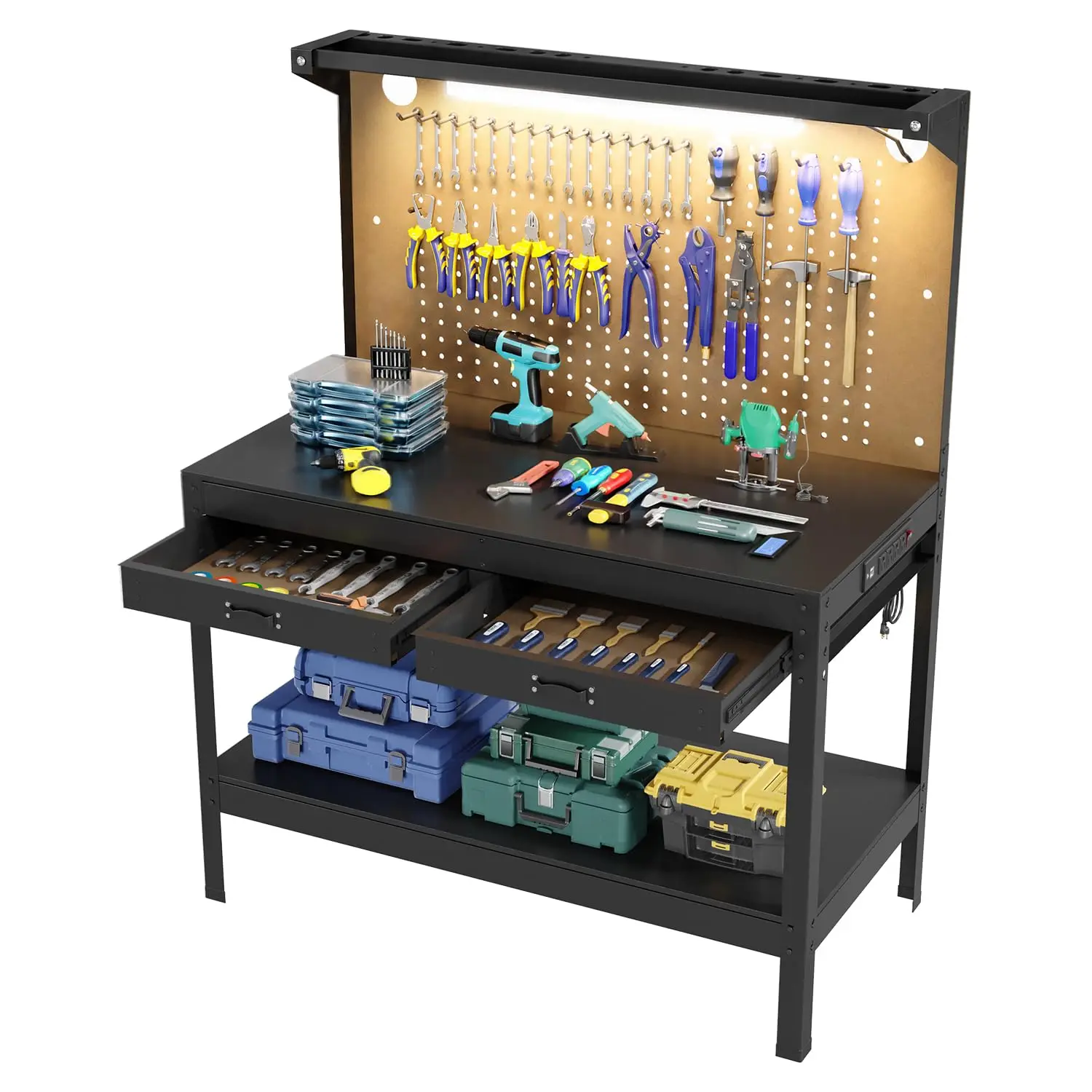 48 Inch Heavy Duty Garage Workbench With Power Outlets 620 Lbs Capacity 2 Drawers