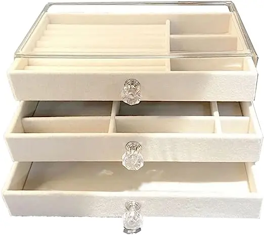 Acrylic Jewelry Organizer Box with 3 Drawers Stackable Velvet Jewelry Display Case Holder for Earrings Ring Bracelet Necklace