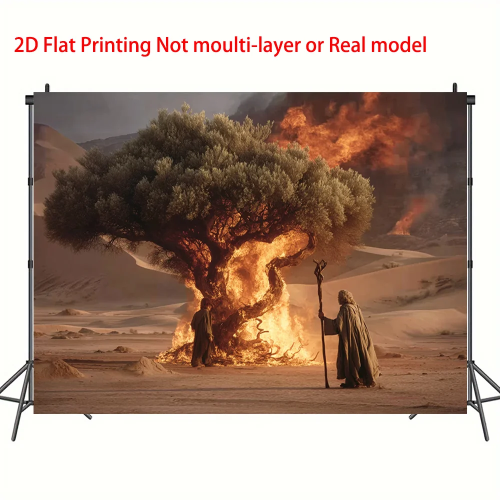 2D Flat, Burning Bush Desert Prophet Fantasy Tapestry Biblical Scene Wall Art Game Room Decor Epic Fire Tree Background Print