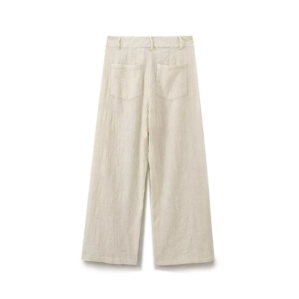 Withered Minimalist Women's Casual Pants French Elegant Beige Embroidered Straight Trousers High Waisted Cropped Pants Women