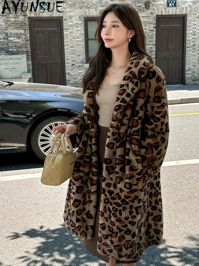 AYUNSUE Naturalny płaszcz z futra norek damski modny płaszcz z prawdziwego futra w panterkę dla kobiet wysokiej jakości odzież zima 2025 Шуба Женская