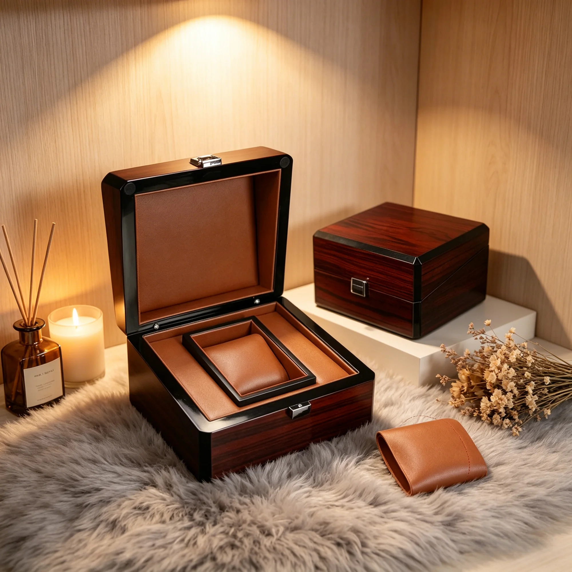 Luxury Red Glossy Piano Finish Watch Box with Brown PU Leather Interior Single Wristwatch Storage Case Premium Gift Box for Men