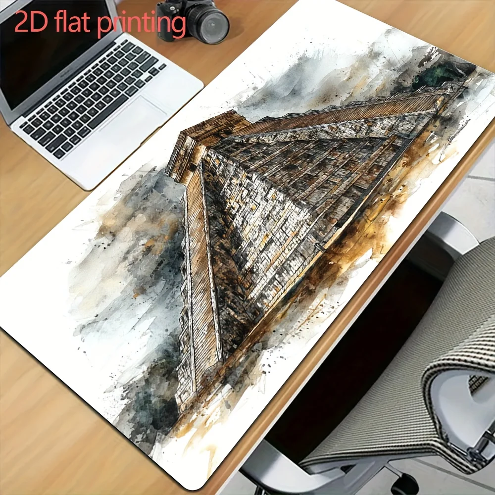 

Vintage Ink Wash Large Mouse Pad, Historical Chinese Architecture Non-Slip Desk Mat for Office Decor