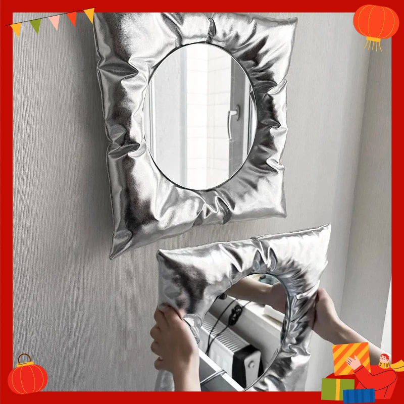 Cotton Fabric Wall Mirror with Leather Trim Soft Touch Design for Home Bathroom Dressing Table Portable Makeup Compact Cosmetic