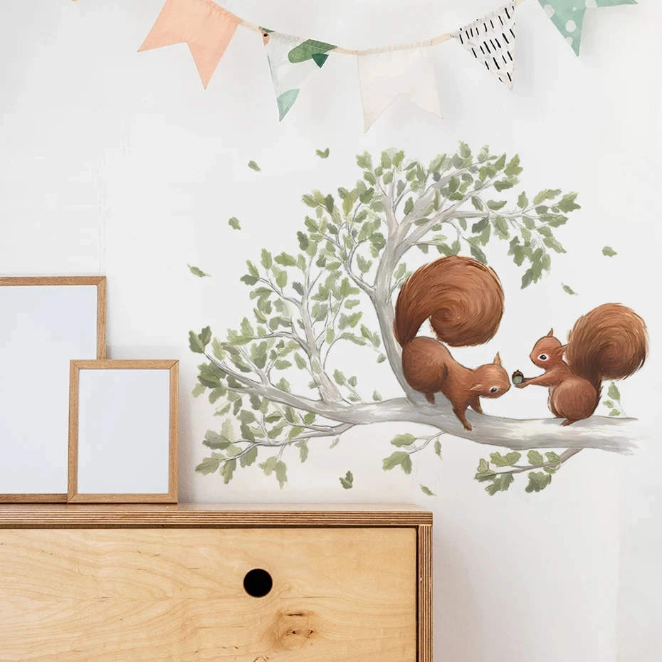 Cartoon Forest Squirrel Wall Sticker Creative Wallpaper Squirrel in a Tree Children\'s Room Nursery Classroom Decorative Stickers