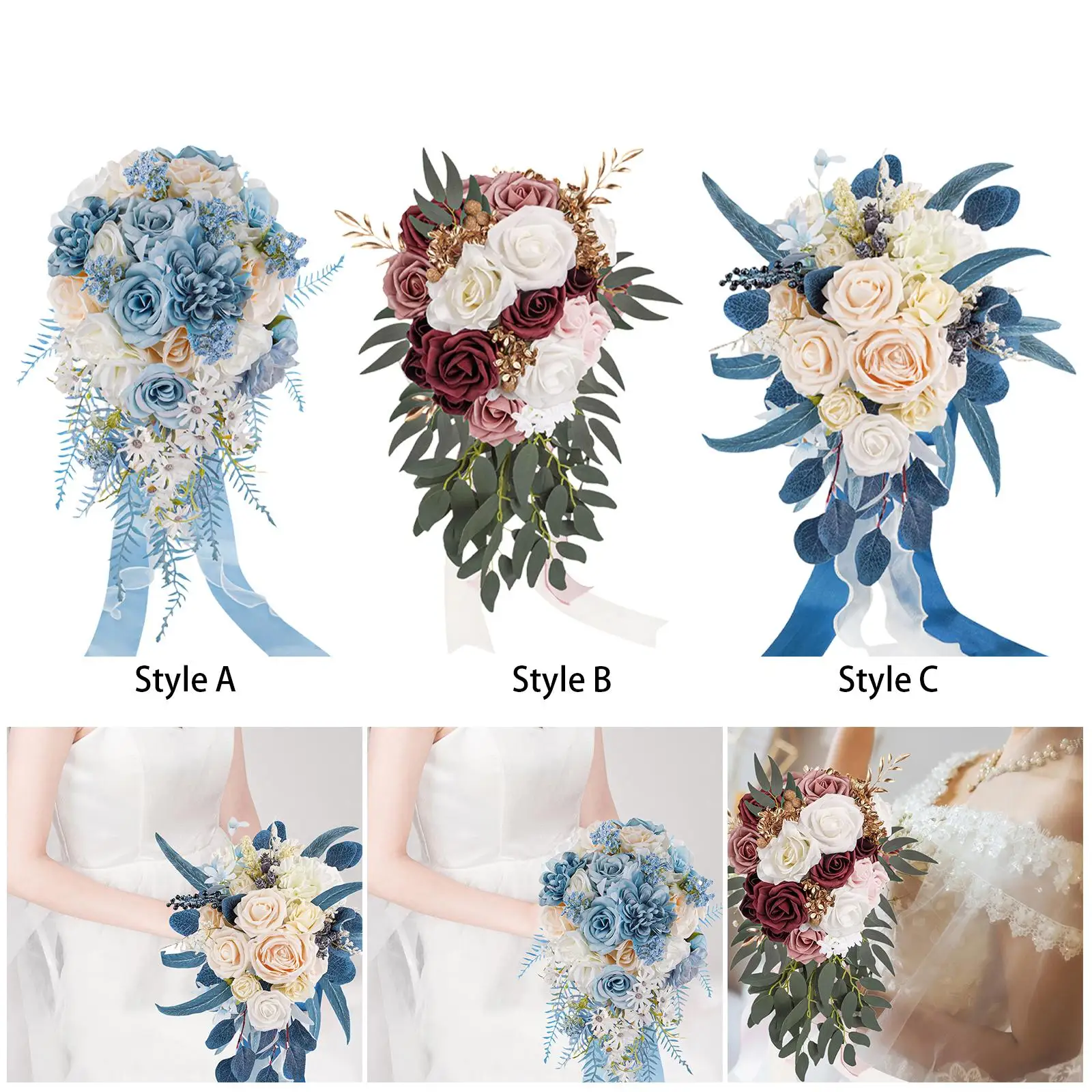 Wedding Bouquet for Bride Rustic Anniversary Photo Props Bridesmaid Fake Flower Toss Bouquet Elegant Teardrop Artificial Flowers