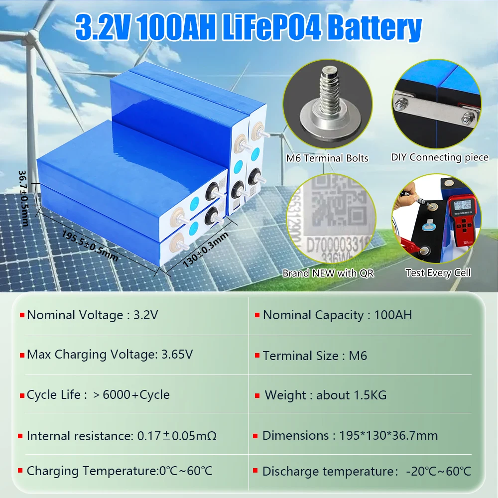 3.2V 100Ah LiFePO4 Battery Cell with QR Code Grade-A 6000+ Cycles Full Capaticy DIY 12V 24V 48V LiFePO4 Battery with Studs