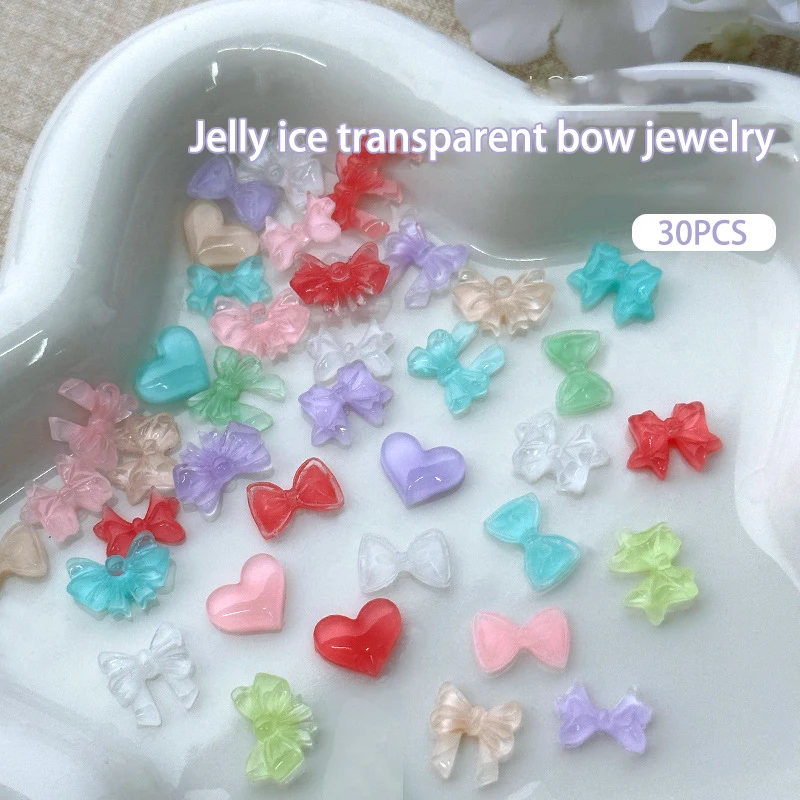 30 Pcs Colorful Jelly Clear Bow Nail Decorations 3D Resin Cute Bowkont Nail Art Charms Gems DIY Manicure Rhinestones