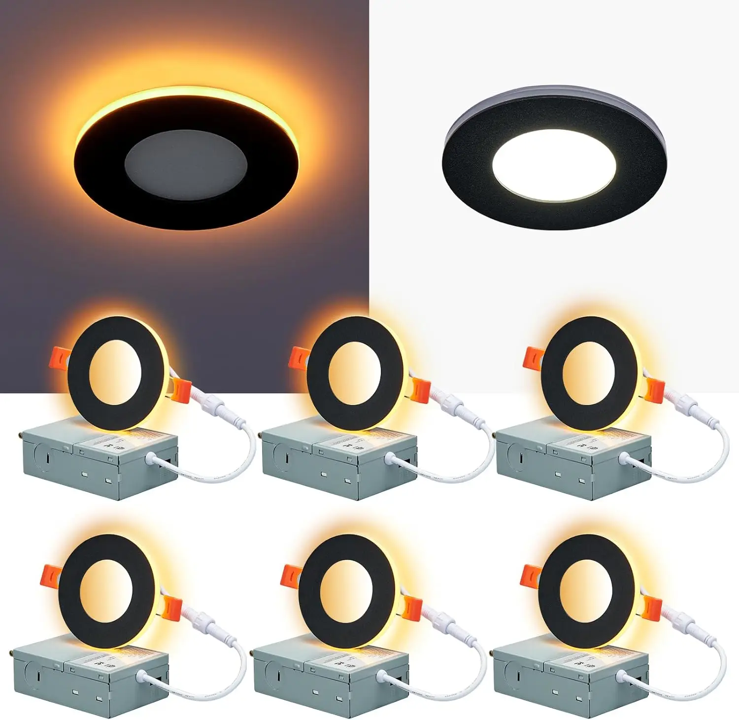 

3-дюймовые черные светодиодные встраиваемые светильники, регулируемая яркость 5CCT, номинальная микросхема ETL, 6 Вт, 6 шт.