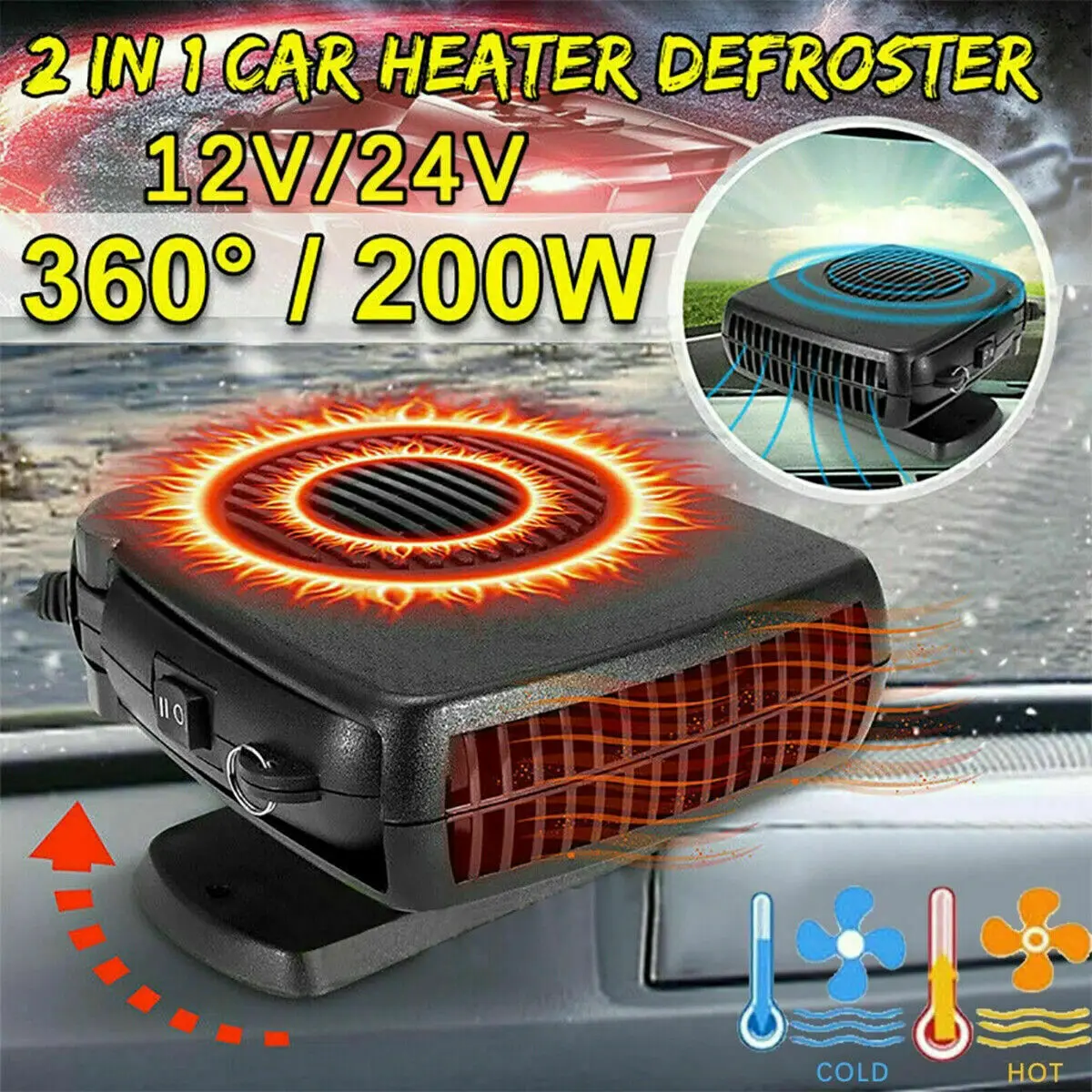 Car Heater 12V/24V 200W Portable Car Heater Fan 2 IN 1 Cooling Heating Auto Windshield Defroster Car Anti-Fog Heater