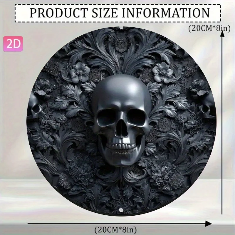 2D Flat High Definition Metal Wall Art Gothic Skull with Floral Pattern Black Pewter Finish Metal Sign Featuring Dark Academia M