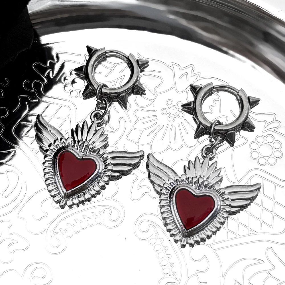 

Catholic Angle Wing Flame Sacred Heart Hoop Earrings for Women Red Enamel Stainless Steel Punk Silver Color Drop Earring Jewelry