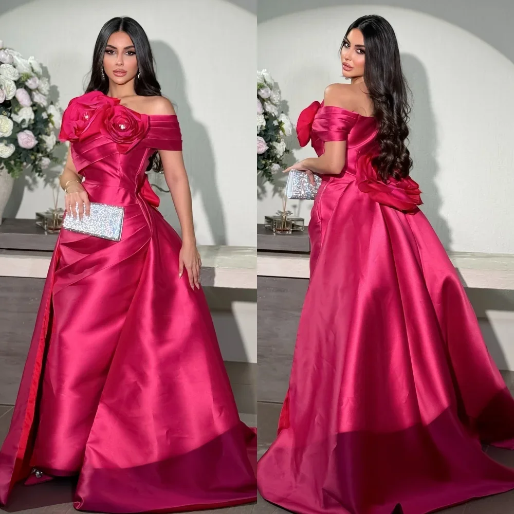 

Customized Fashion Pleat Flower A-line Off-the-shoulder Long Dresses Prom Dresses Classic Exquisite Modern Style Pastrol Chines