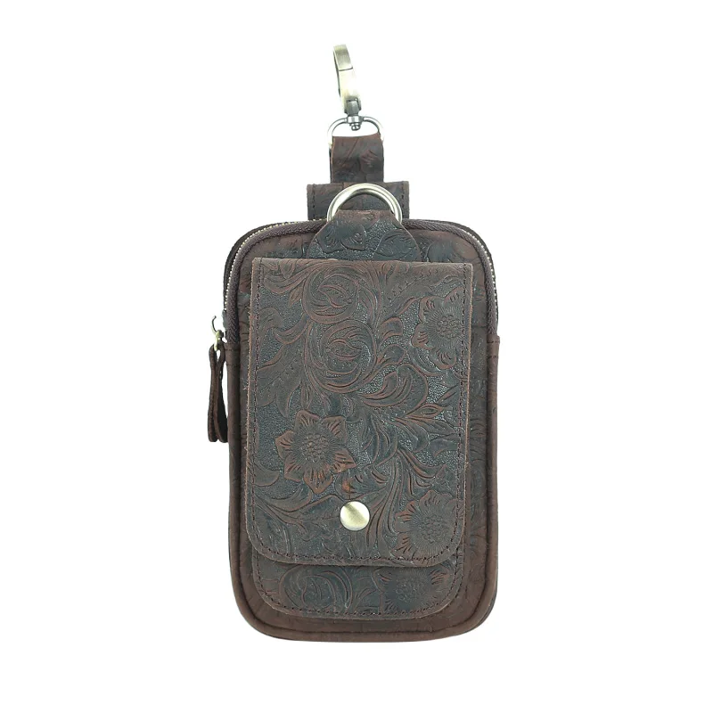 

Винтажная коричневая кожаная сумка-органайзер из натуральной воловьей кожи с инкрустацией, на пояс, с клипсой, для телефона и мелочей