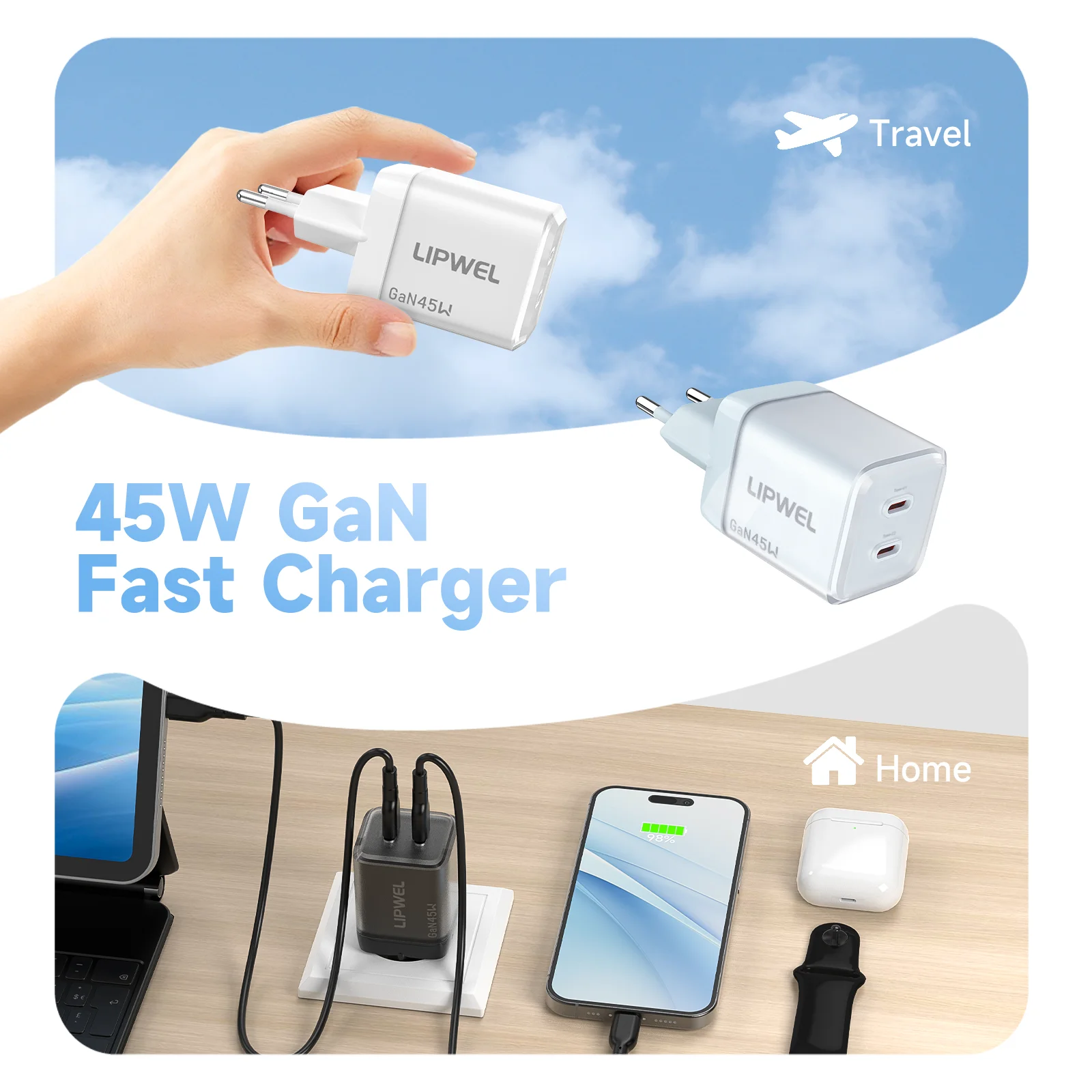

Зарядное устройство GaN 45 Вт с двумя портами USB-C, адаптер быстрой зарядки PD 3.0 PPS, 2-портовое зарядное устройство для Samsung S22 S24 Series и iPhone
