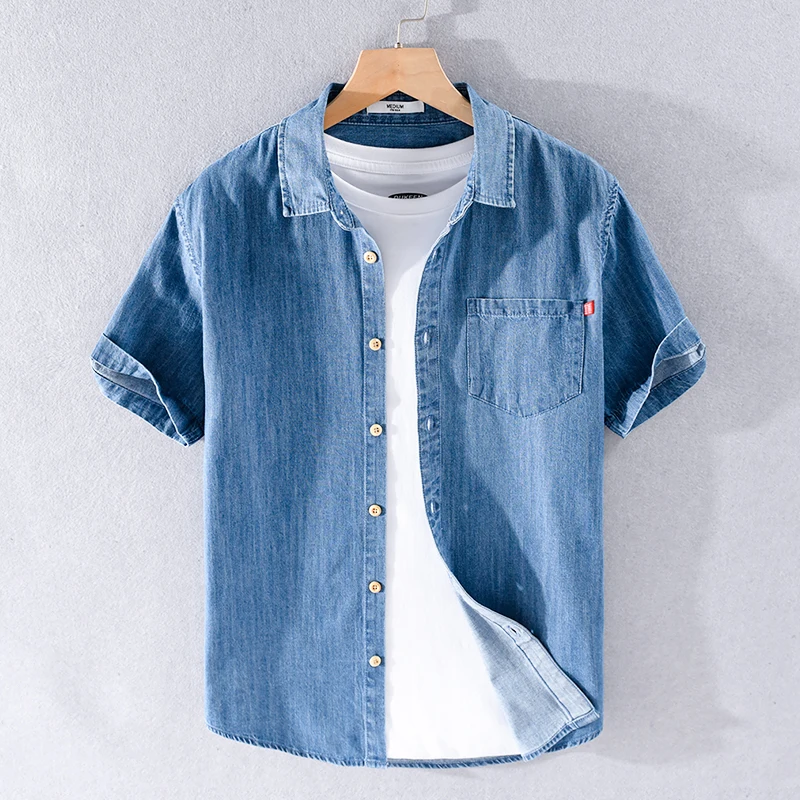 New Style Denim Short Sleeve Casual Cotton Shirt Men Brand Trend Comfortable Solid Top Clothes Chemise Homme Drop Shipping