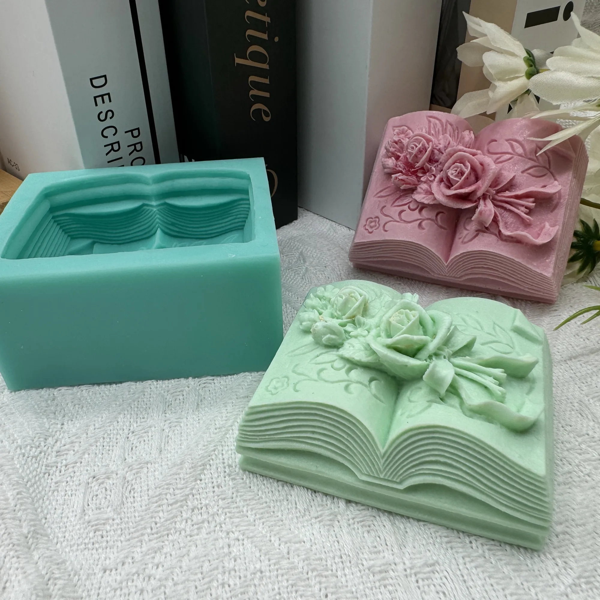 3D Book Flower Carved Silicone Soap Mold,Candle Wax Molds,Chocolate Cake Baking Mould,Plaster Epoxy Diffuser Silicone Mold