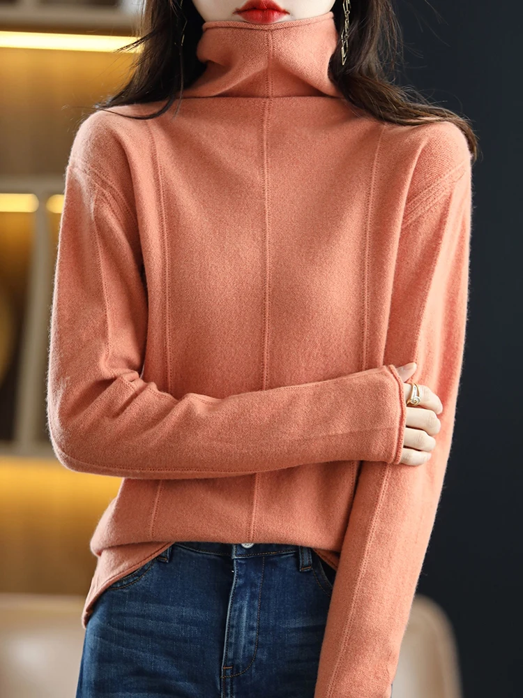 100% Merino Wool Knitwear Women Turtleneck Pullover Sweater Autumn Winter Basic Soft Warm Bottoms Female Clothing Tops