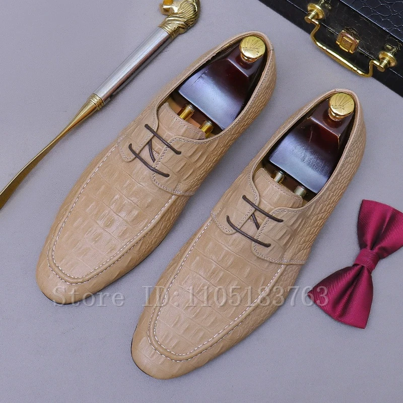New Crocodile Pattern Men Business Shoes Round Toe Genuine Leather Lace Up Oxfords Luxury Wedding Party Derby Shoes