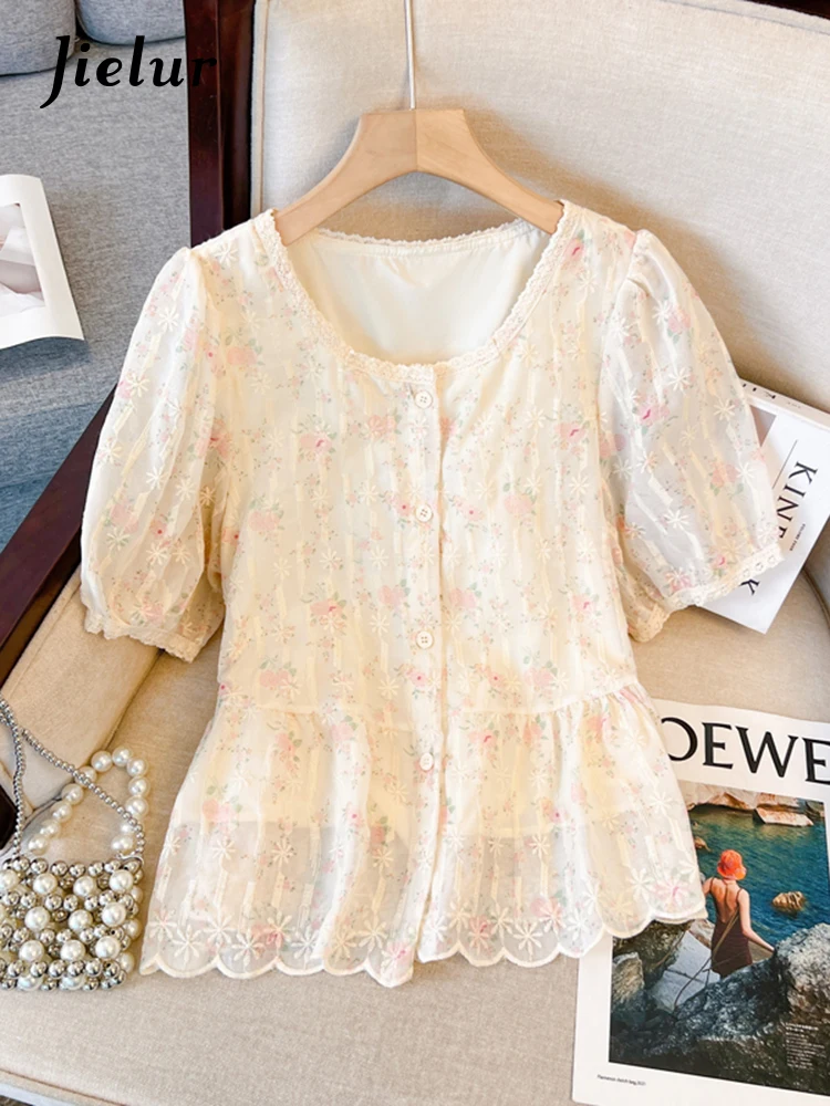 Jielur Summer New French Solid Color Women Shirt Sweet Ladies Elegant Floral Shirt Woman Embroidered Puff Sleeves Slim Top