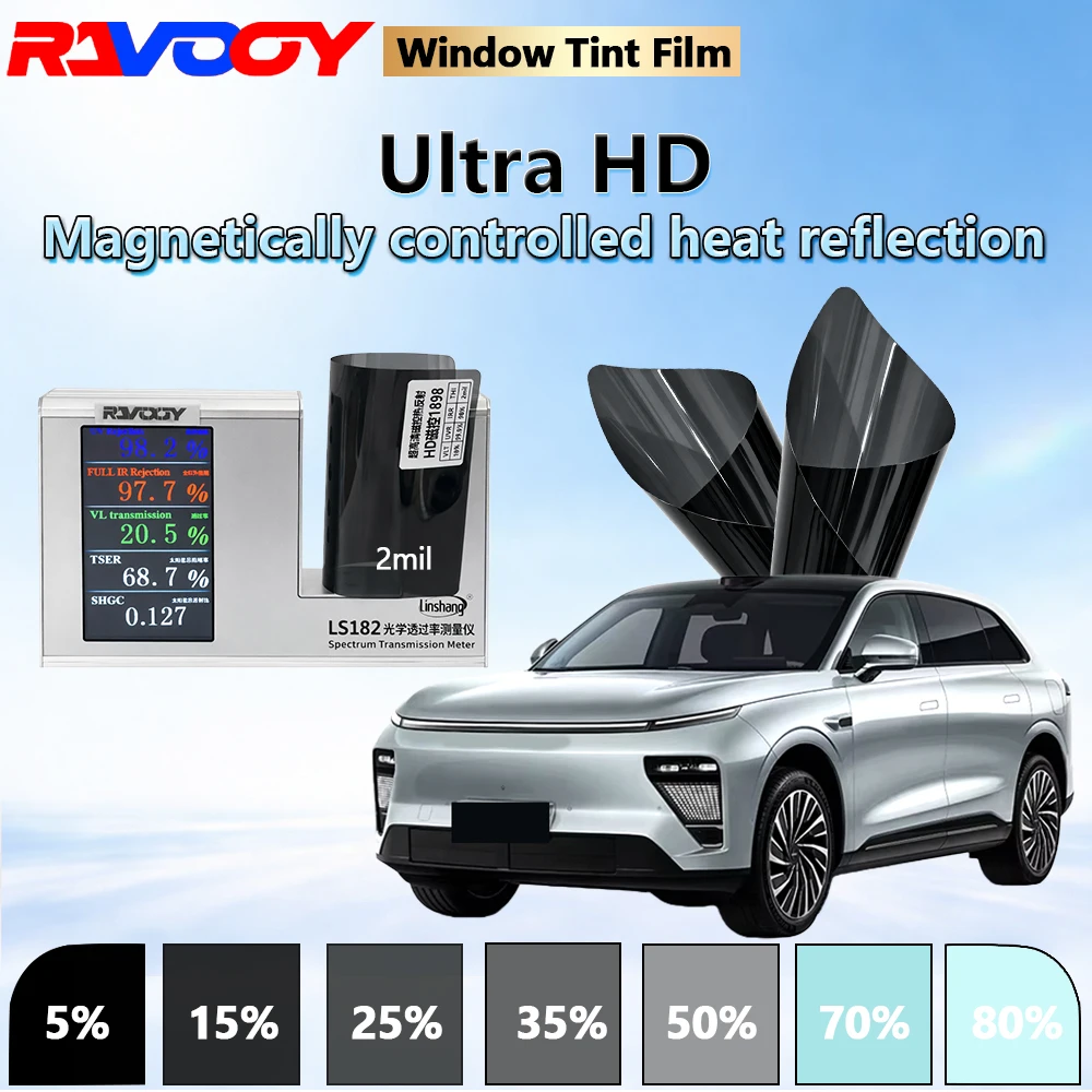 

Автомобильная пленка RAVOOY HD1898 серии Ultra HD Nano Ceramic, 2 мил, 20% VLT, с магнитным управлением, отражающая тепло, 152 см x 30 м