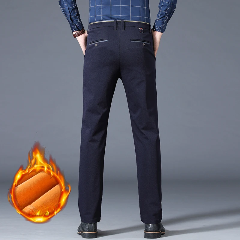 Pantalones de traje de lana cálidos de invierno para hombre, pantalones casuales gruesos formales rectos para oficina de negocios, pantalones térmicos de terciopelo clásicos elásticos