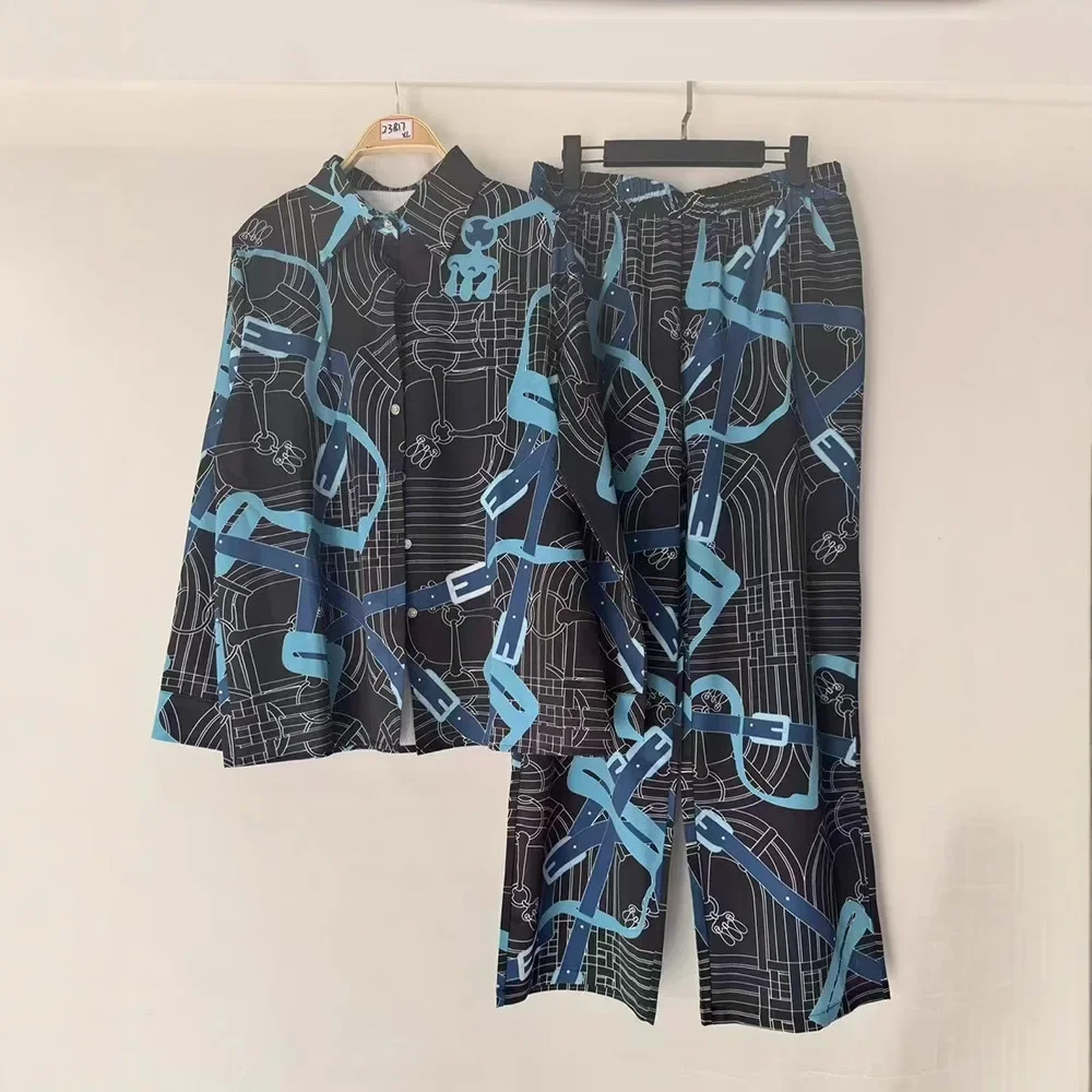 

Fashion Spring Womens Two Piece Sets Retro Geometric Print Lapel Loose Long Sleeve Shirt Waist Wide Leg Pant Suit Костюм Женский