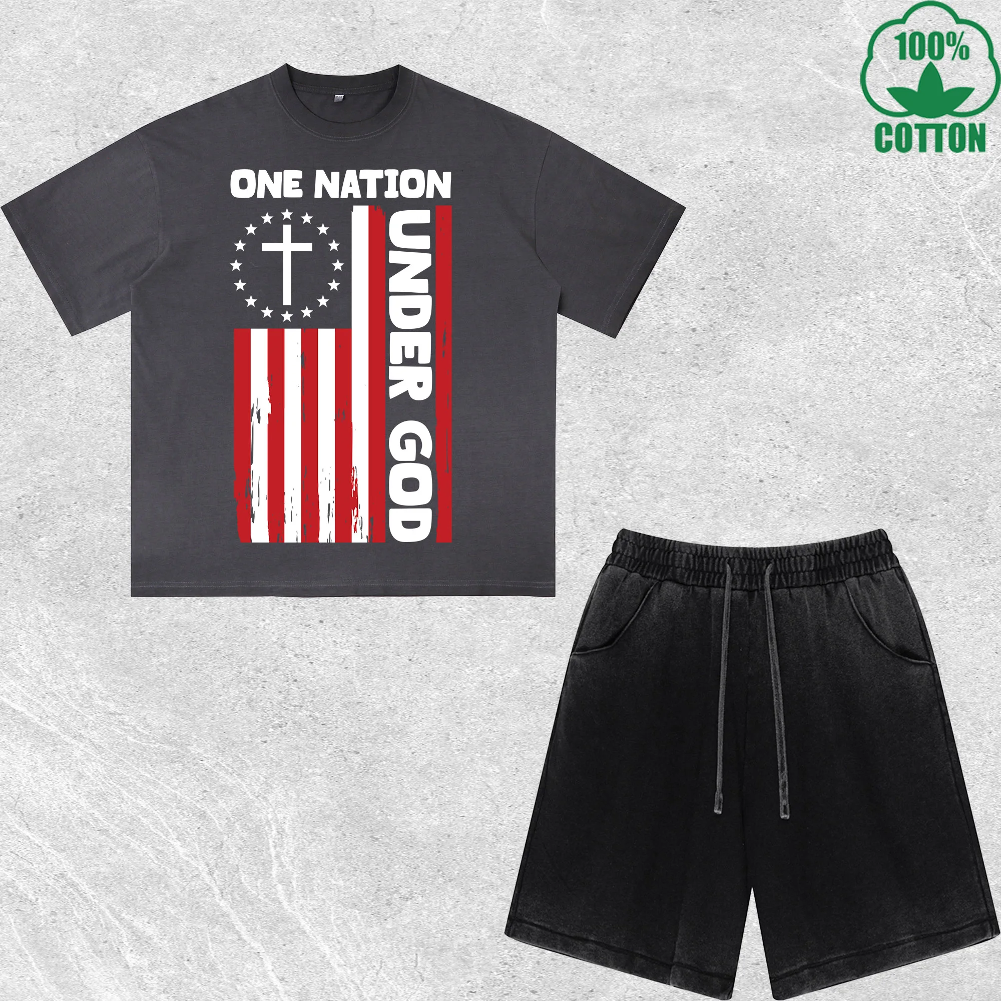 

One Nation Under God Printed Dirty Wash T-Shirt Shorts Set Combo Loose Trendy Fashionable 100%Cotton Black Suit