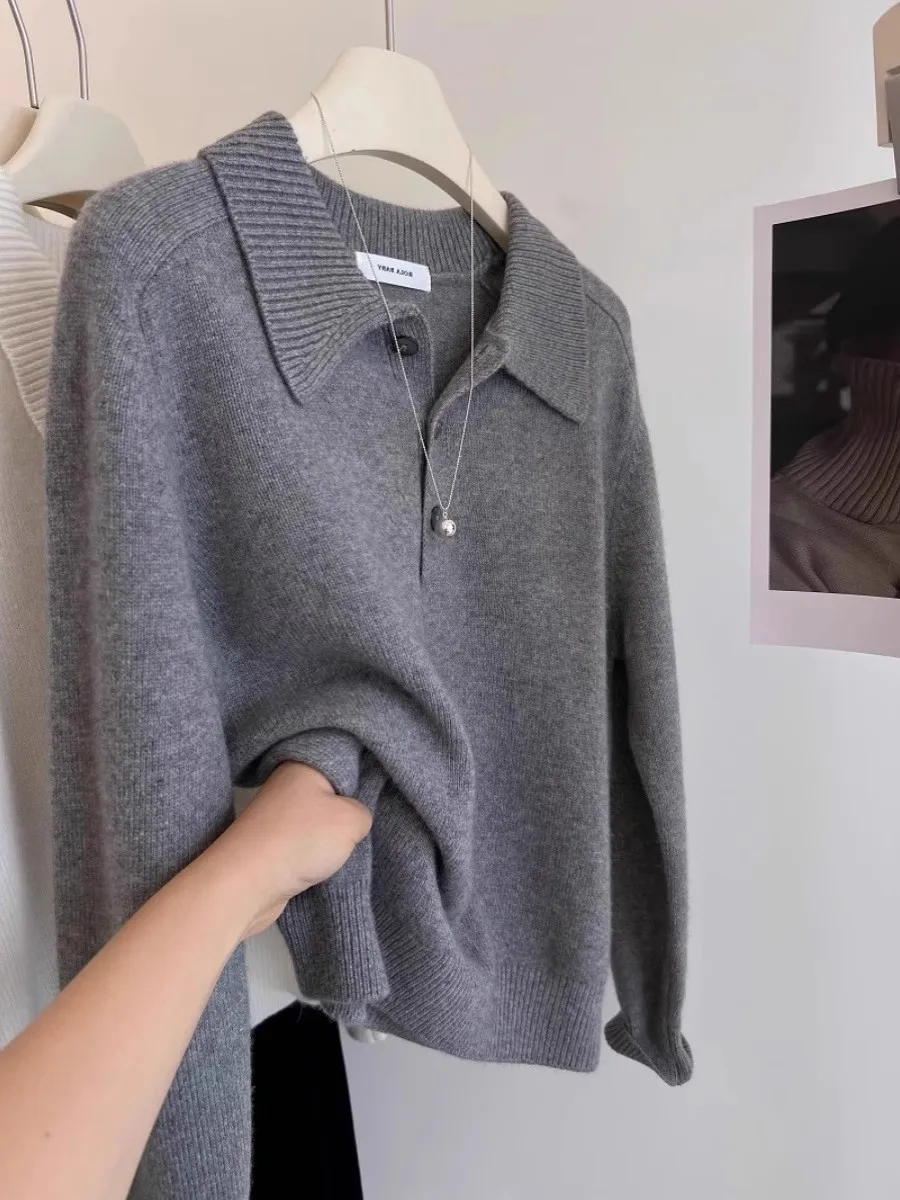 100% cashmere half-open Polo neck sweater women's loose casual Joker knit lazy bottoming shirt view 3